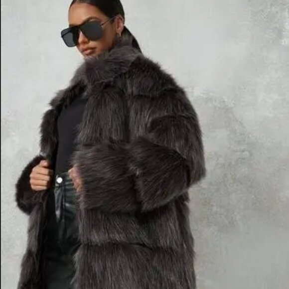 Missguided Gray Pelted Faux Fur Coat - Picture 1 of 3